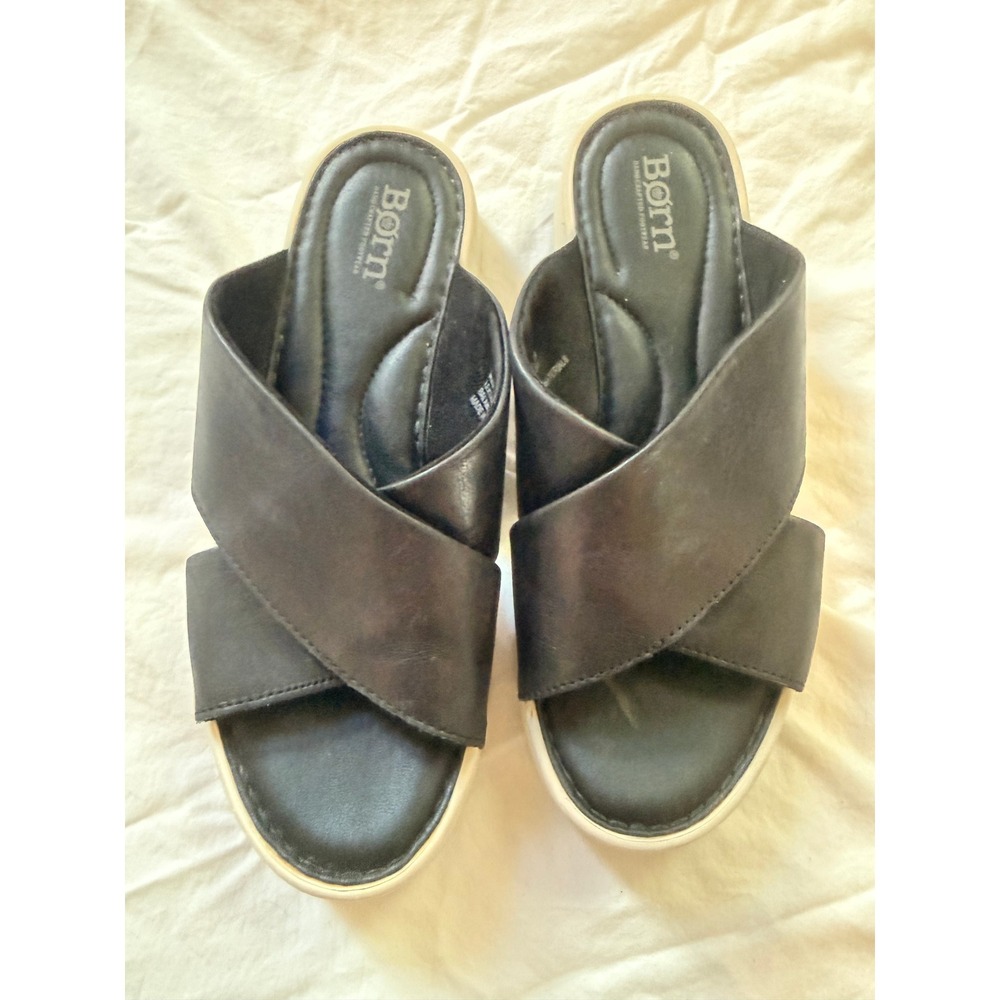 Born Black Leather Crisscross Platform Slide Sandals BR0004803 Women 8M